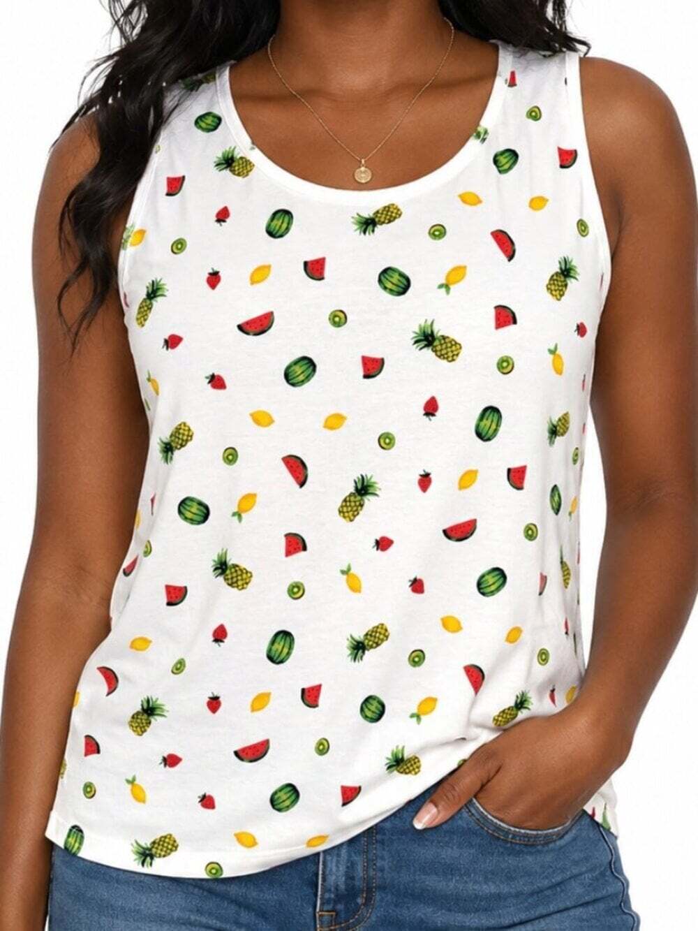 Lands' End White Colorful Fruit Pineapple Watermelon Print Tank Top